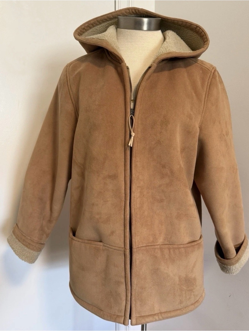Vintage Mulberry Street Sherpa Lined Hooded Camel Suede Zip Up Jacket Size M